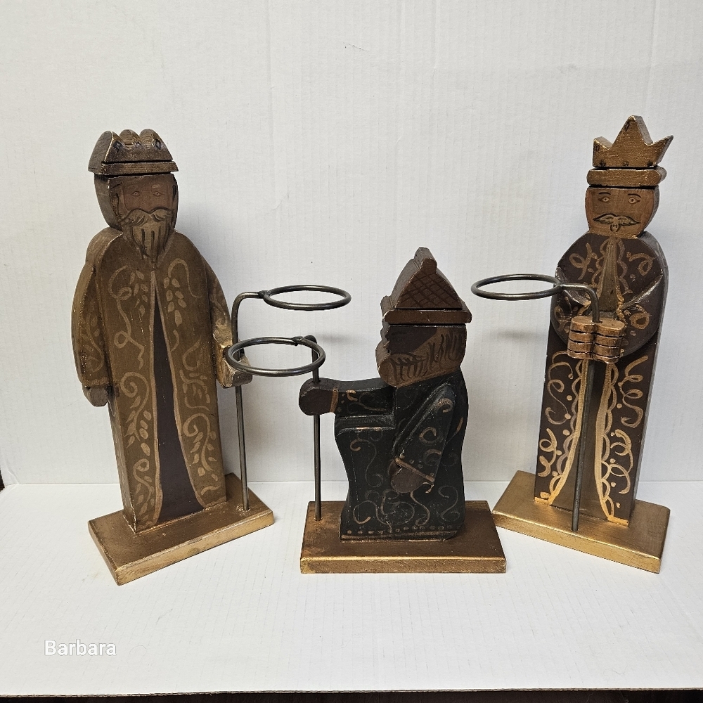 Vintage Mexican Handmade Wooden 3  Three Wise Men Tealight Holders